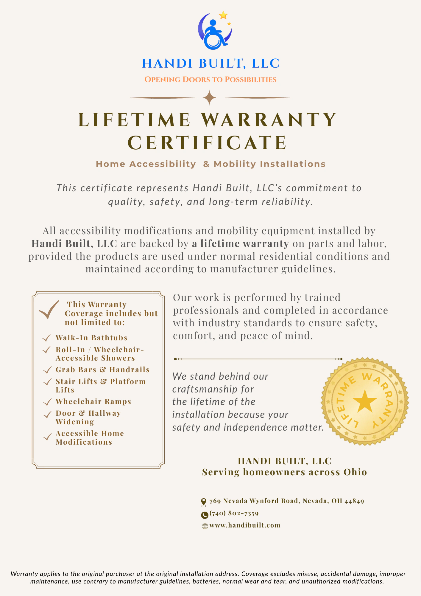 Lifetime Warranty Handi Built, LLC Lifetime Warranty Handi Built, LLC